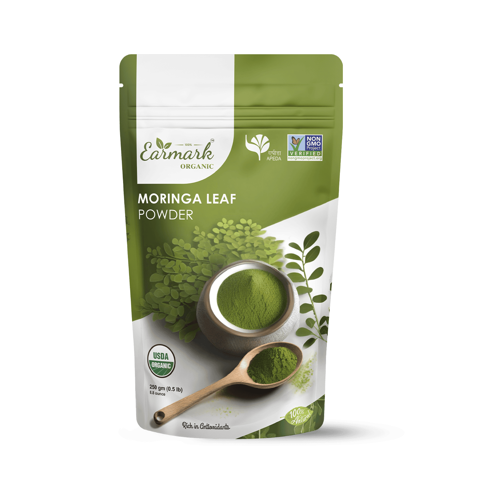Earmark Organic Moringa Leaf Powder pouch with green powder and spoon