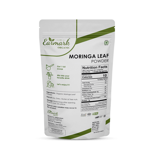 Back side of Earmark Organic Moringa Leaf Powder pouch showing nutrition facts and usage instructions