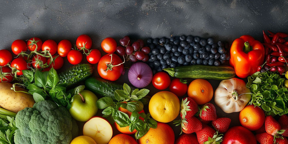 Assorted fresh organic food including tomatoes, broccoli, berries, peppers, and leafy greens arranged on a dark background.