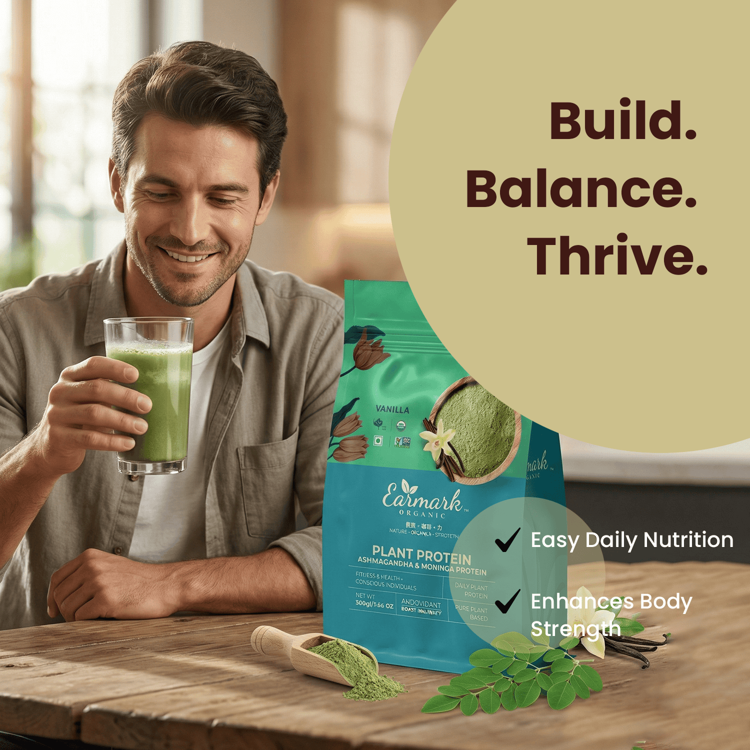 Earmark Organic Plant Protein Powder – Creamy Vanilla (500g) | Premium Vegan Blend with Spirulina, Ashwagandha & Moringa