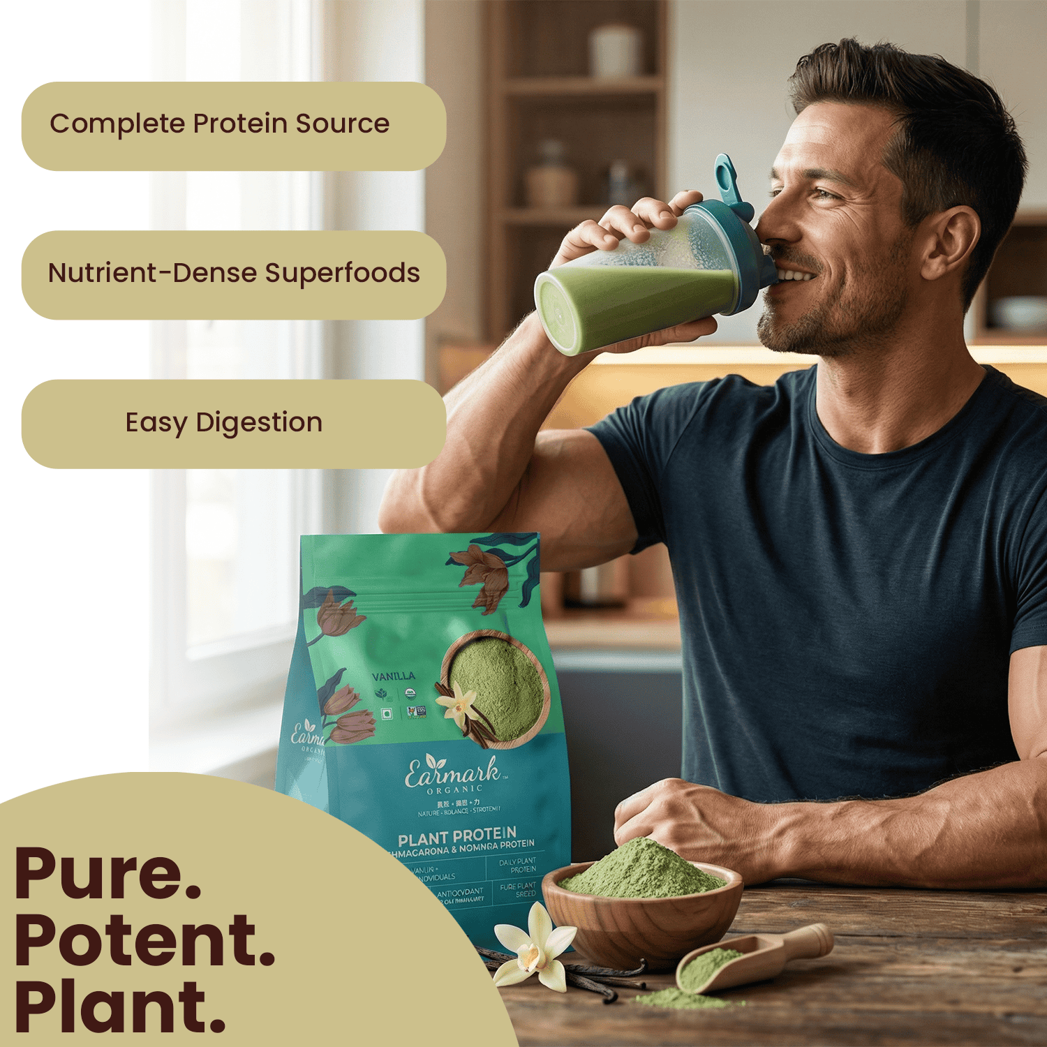 Earmark Organic Plant Protein Powder – Creamy Vanilla (500g) | Premium Vegan Blend with Spirulina, Ashwagandha & Moringa
